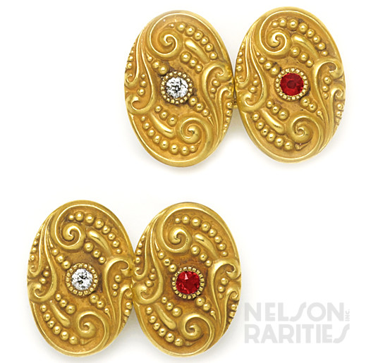 Burma Ruby, Diamond and Carved Gold Cufflinks