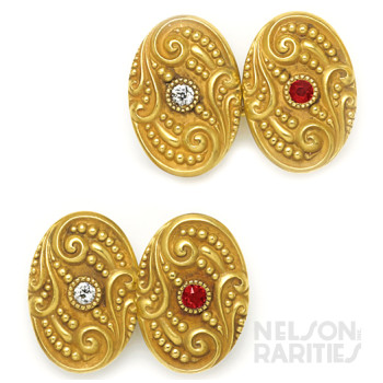 Burma Ruby, Diamond and Carved Gold Cufflinks