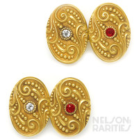 Burma Ruby, Diamond and Carved Gold Cufflinks