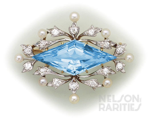Aquamarine, Diamond, Pearl, Gold and Platinum Brooch