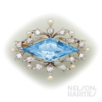 Aquamarine, Diamond, Pearl, Gold and Platinum Brooch