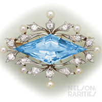 Aquamarine, Diamond, Pearl, Gold and Platinum Brooch