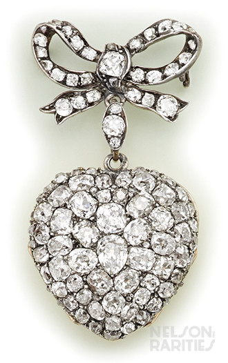 Cushion-Cut Diamond, Silver and Gold Heart-Shaped Pendant Watch and Brooch