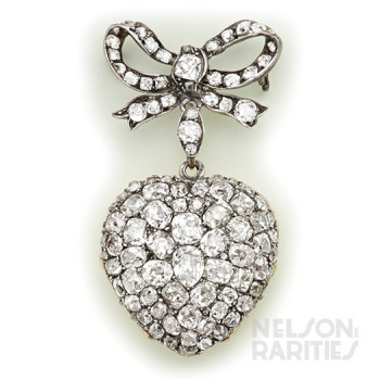 Cushion-Cut Diamond, Silver and Gold Heart-Shaped Pendant Watch and Brooch