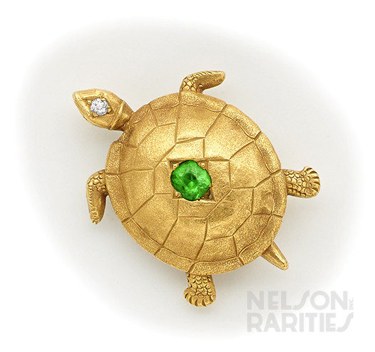 Demantoid Garnet, Diamond and Gold Turtle Brooch