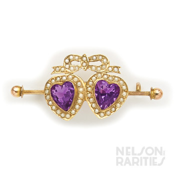 Amethyst, Seed Pearl and Gold Twin Heart Brooch