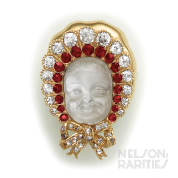 Carved Moonstone Cameo, Burma Ruby,  Diamond and Gold Baby in Bonnet Brooch