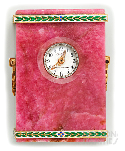 Rhodochrosite, Diamond, Enamel, Gold and Platinum Boudoir Clock