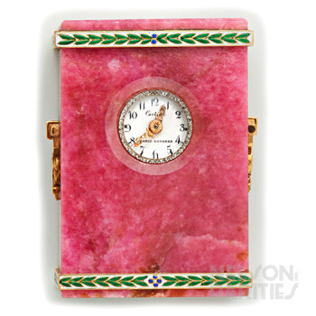 Rhodochrosite, Diamond, Enamel, Gold and Platinum Boudoir Clock