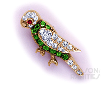 Demantoid Garnet, Diamond, Ruby, Gold and Platinum Parrot Stickpin