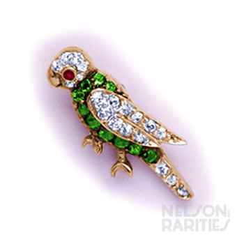 Demantoid Garnet, Diamond, Ruby, Gold and Platinum Parrot Stickpin