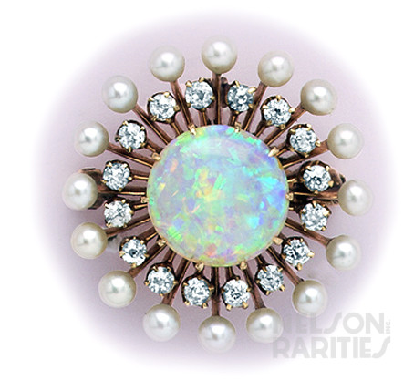 Opal, Diamond, Natural Pearl  and Gold Pendant/Brooch