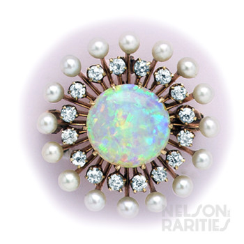 Opal, Diamond, Natural Pearl  and Gold Pendant/Brooch