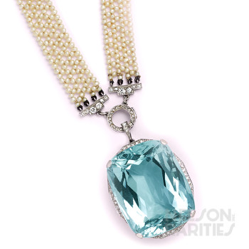 107.00 Carats Cushion-Cut Aquamarine, Diamond, Natural Pearl and Platinum Sautoir