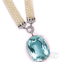 107.00 Carats Cushion-Cut Aquamarine, Diamond, Natural Pearl and Platinum Sautoir