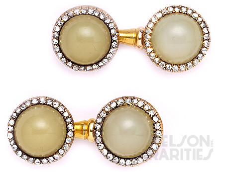 Cabochon-Cut Agate, Rose-Cut Diamond, Silver and Gold Cufflinks