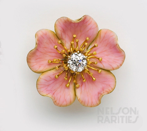 Enamel, Cushion-Cut Diamond and Gold Dogwood Flower Brooch