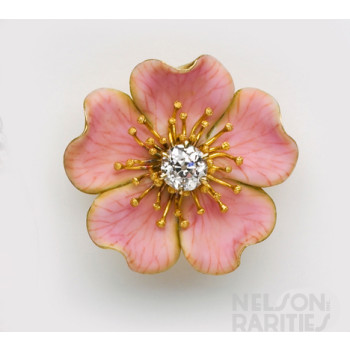 Enamel, Cushion-Cut Diamond and Gold Dogwood Flower Brooch