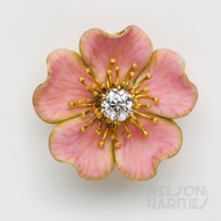 Enamel, Cushion-Cut Diamond and Gold Dogwood Flower Brooch