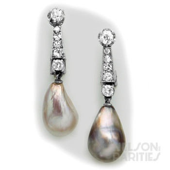 15mm-16mm Natural Pearl, Diamond and Platinum Drop Earrings