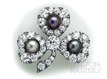 Natural Black Pearl, Diamond, Silver and Gold Trefoil Brooch