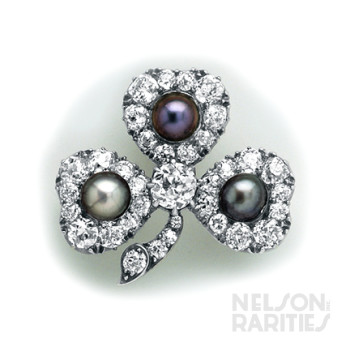 Natural Black Pearl, Diamond, Silver and Gold Trefoil Brooch