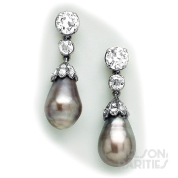 Natural Black Pearl, Diamond, Silver and Gold Drop Earrings