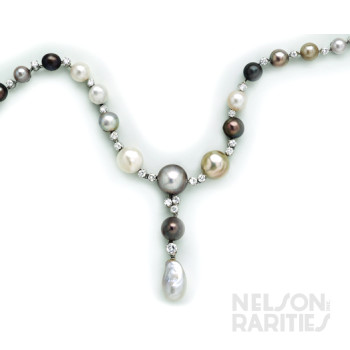 Natural Multi-Colored Pearl, European-Cut Diamond and Platinum Necklace