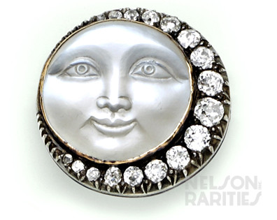 Moonstone Cameo, Diamond, Silver and Gold Man in the Moon Brooch