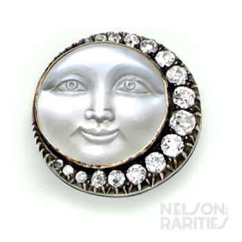 Moonstone Cameo, Diamond, Silver and Gold Man in the Moon Brooch