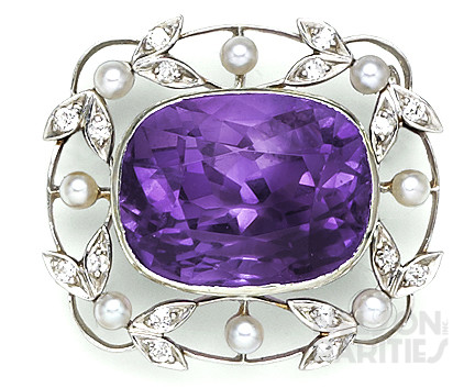 Siberian Amethyst, Diamond, Natural Pearl and Platinum Brooch