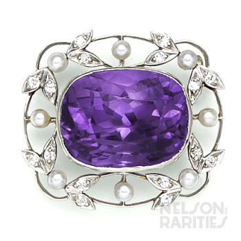 Siberian Amethyst, Diamond, Natural Pearl and Platinum Brooch