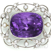 Siberian Amethyst, Diamond, Natural Pearl and Platinum Brooch