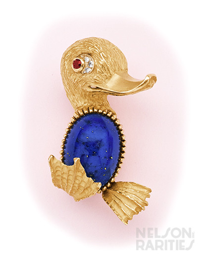 Lapis Lazuli, Ruby, Diamond and Gold Duck Brooch
