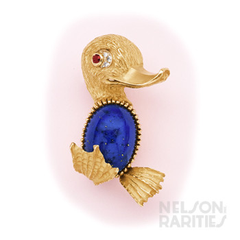 Lapis Lazuli, Ruby, Diamond and Gold Duck Brooch