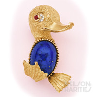 Lapis Lazuli, Ruby, Diamond and Gold Duck Brooch