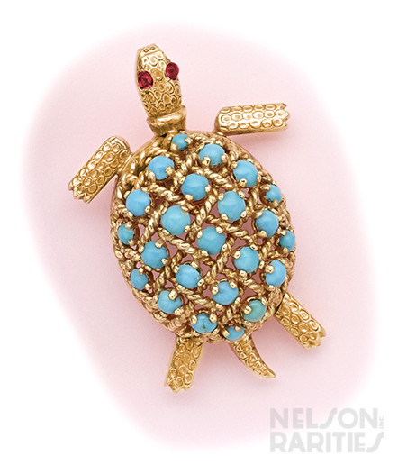 Persian Turquoise, Ruby and Gold Turtle Brooch