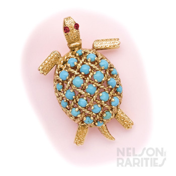 Persian Turquoise, Ruby and Gold Turtle Brooch