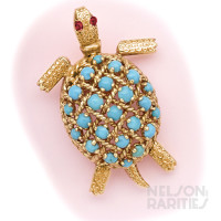 Persian Turquoise, Ruby and Gold Turtle Brooch