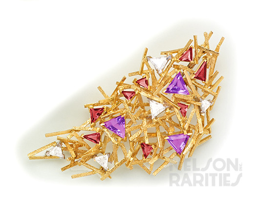 Tourmaline, Amethyst, Diamond and Gold Abstract Brooch