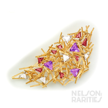 Tourmaline, Amethyst, Diamond and Gold Abstract Brooch