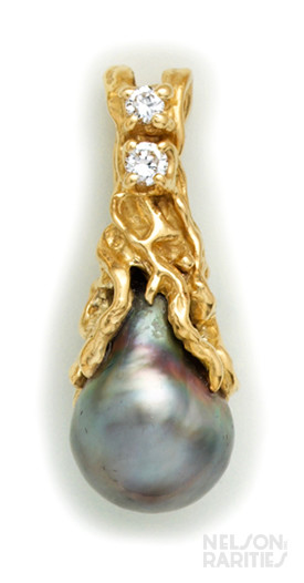 Baroque Grey Pearl, Diamond and Gold Pendant