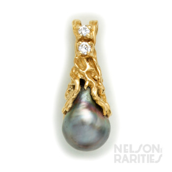 Baroque Grey Pearl, Diamond and Gold Pendant