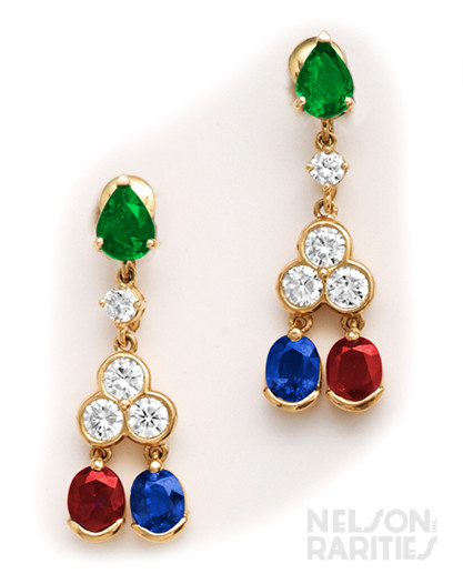 Pear Shaped Emerald, Oval Ruby, Oval Sapphire, Diamond and Gold Drop Earrings