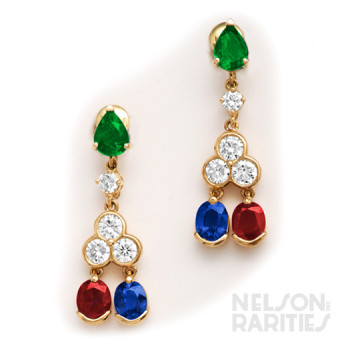 Pear Shaped Emerald, Oval Ruby, Oval Sapphire, Diamond and Gold Drop Earrings