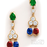 Pear Shaped Emerald, Oval Ruby, Oval Sapphire, Diamond and Gold Drop Earrings