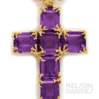 Siberian Amethyst and Three-Color Gold Chain and Cross Necklace