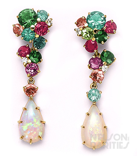 Opal, Diamond, Tourmaline, and Gold Drop Earrings