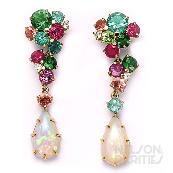 Opal, Diamond, Tourmaline, and Gold Drop Earrings