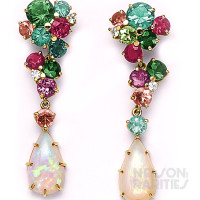 Opal, Diamond, Tourmaline, and Gold Drop Earrings